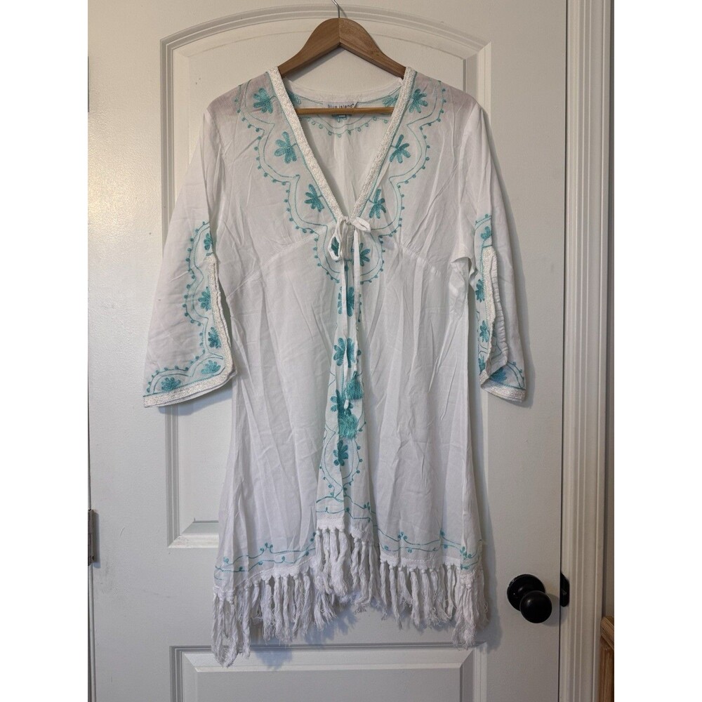 Blue Island Women's XL White Swimsuit Coverup Tunic Top Embroidered Boho Fringe